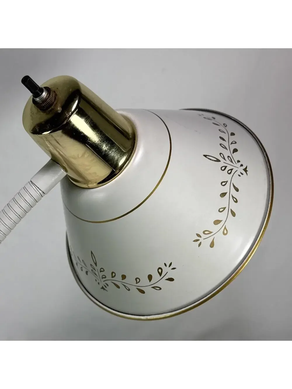 Mid Century 1950's Decorated White French Tole Gooseneck Lamp Ornate Deco Works